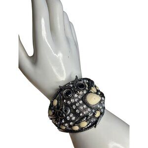 Vintage Silver-Tone Owl Cuff Bracelet With Rhinestones & Ivory Accents - Stateme